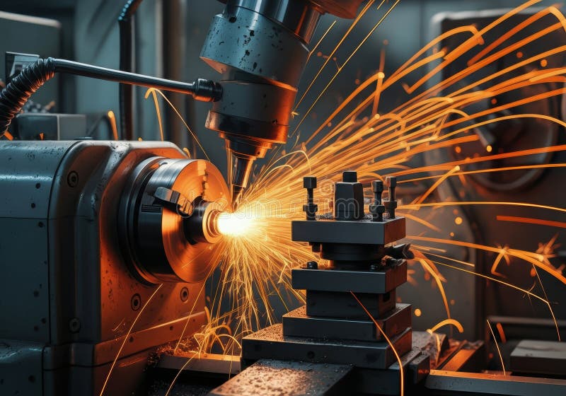 Metalworking machine producing sparks during a precision cutting process stock photo