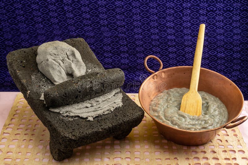 Metate with Blue Corn Dough for Making Tortillas or Masa Atole, Typical