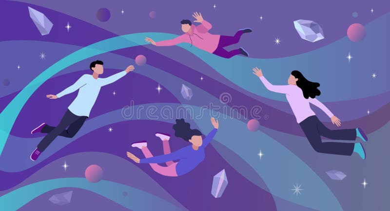 Metaveri. xr vr blockchain Virtual ai world augmented and virtualization. vetenskaplig bakgrund för astronomi. män stock illustrationer