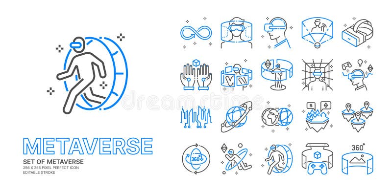 Metaverse blue line icon set with VR, Virtual reality, Game metaverse concept more, pixel perfect icon vector, editable stroke. stock illustration