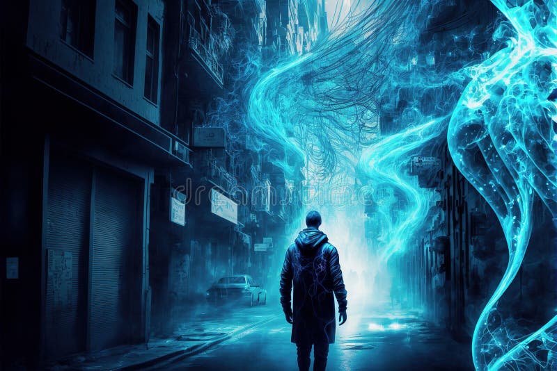 Metaverse city street at night, man and mystery blue glow, generative AI