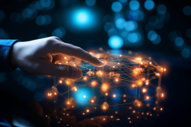 Metaverse insight hand berührt einen 3D-gerenderten globalen Netzwerkaustausch lizenzfreie abbildung