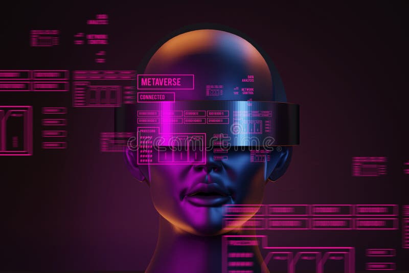 Metaverse vr world simulation gaming cyberpunk style, digital robot ai, 3d illustration rendering, virtual reality vector illustration