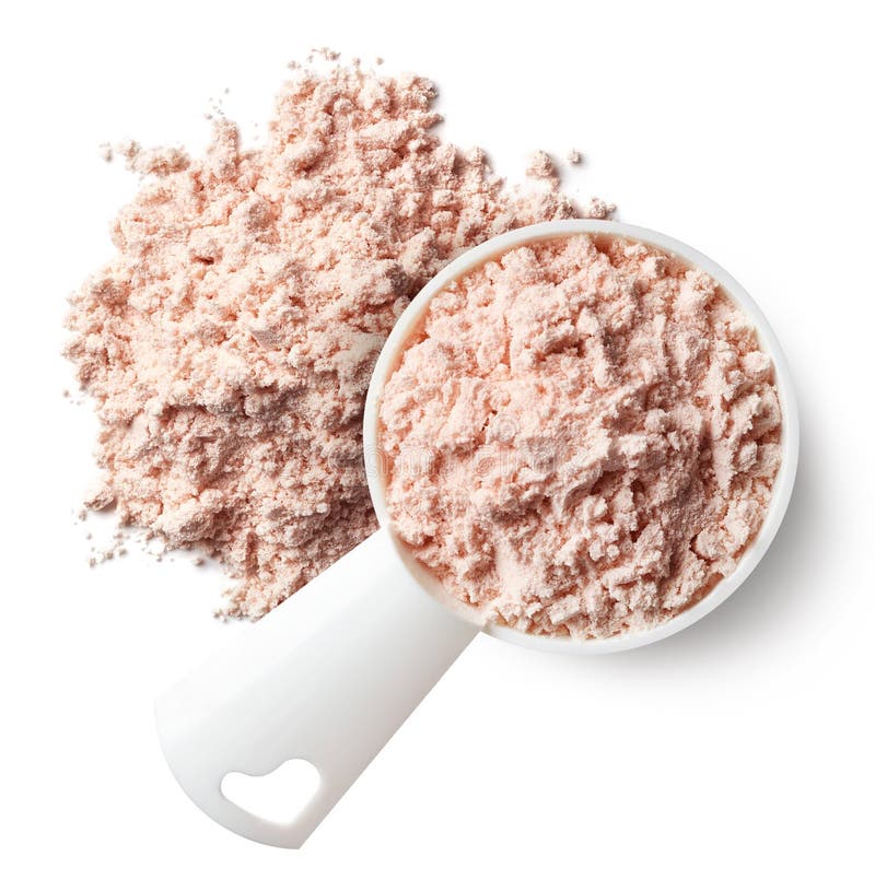 Metende lepel en hoop van aardbei eiwitpoeder royalty-vrije stock afbeelding