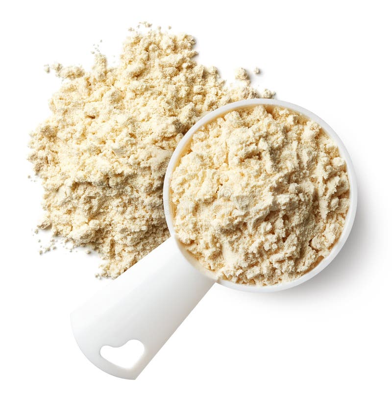 Maatlepel en hoop bananenproteïnepoeder stock foto's