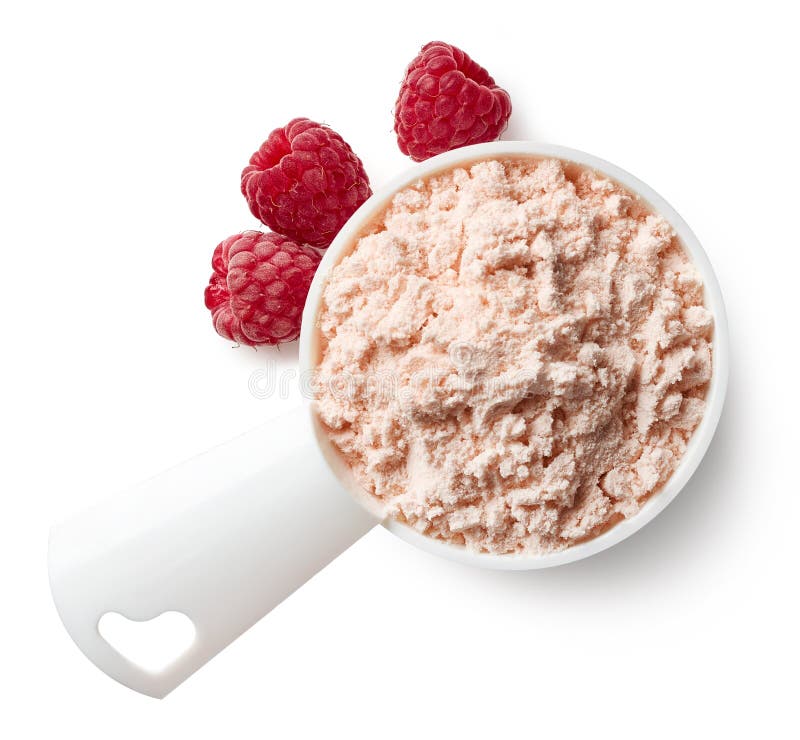Metende lepel van frambozen eiwitpoeder royalty-vrije stock foto's