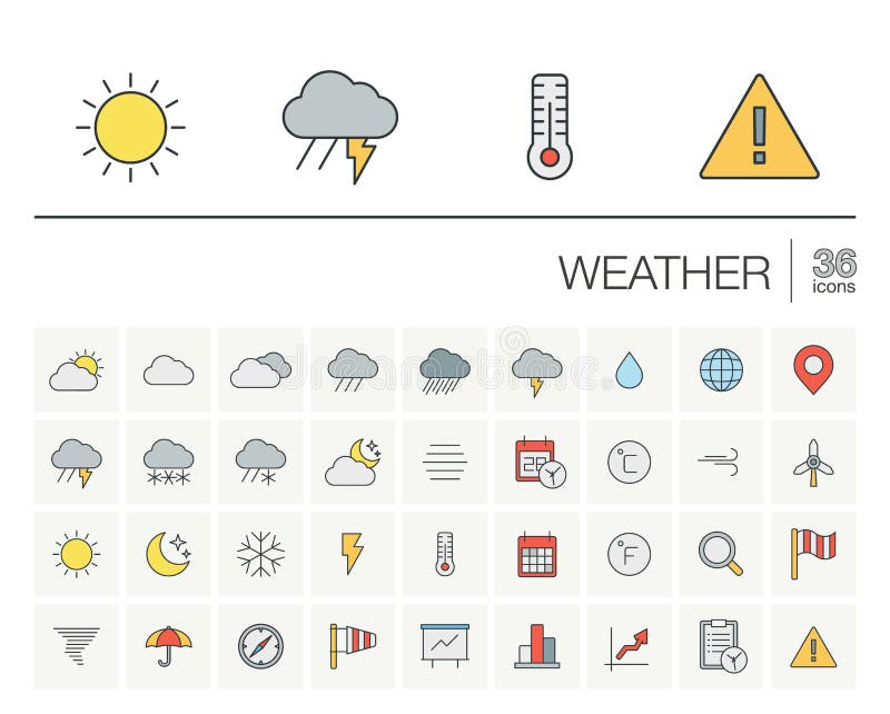 Meteo e iconos del vector del color del tiempo stock de ilustración Meteo e iconos del vector del color del tiempo stock de ilustración