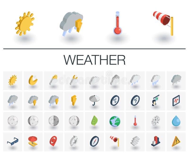 Meteo en weer isometrische pictogrammen 3d vector stock illustratie Meteo en weer isometrische pictogrammen 3d vector stock illustratie