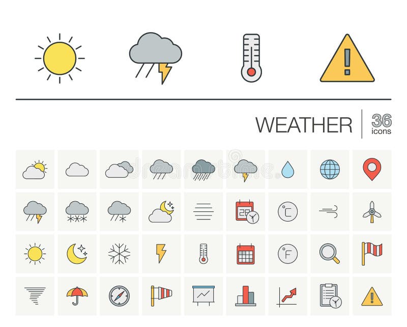 Vector thin line icons set and graphic design elements. Illustration with meteo outline symbols. Weather cast, cloud, rain, snow, moon, thermometer, umbrella flat linear pictogram. Vector thin line icons set and graphic design elements. Illustration with meteo outline symbols. Weather cast, cloud, rain, snow, moon, thermometer, umbrella flat linear pictogram