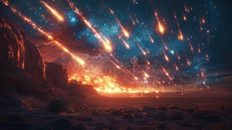 Meteor shower over dramatic desert landscape - generative ai vector illustration