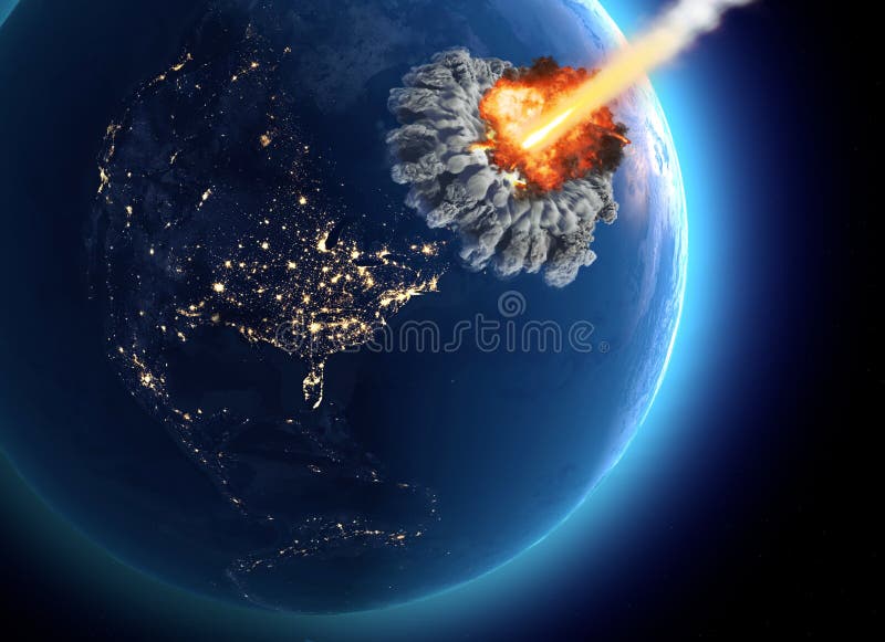 Meteorites that hit the earth. Explosion, cataclysm end of the world. Global extinction. Nuclear bomb. stock illustration