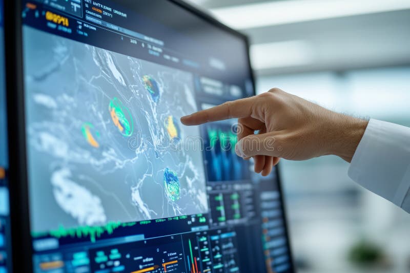 Meteorolog analizujący schematy pogodowe w zaawansowanej technologii prognozowania. Gesty meteorologiczne w kierunku dynamicznych wizualizacji danych na dużym ekranie przedstawiającym szczegółowe wzorce pogodowe i prognozy pogody w środowisku zaawansowanych technologii ilustrującym naukę meteorologiczną. wygenerowane przez ai