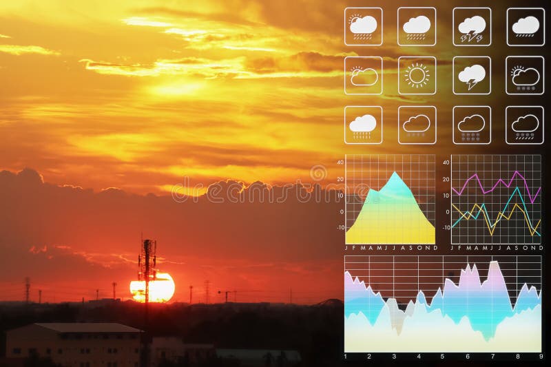 Meteorology forecast background with weather symbol, graph and chart on image of silhouette communication antenna with dramatic royalty free stock images