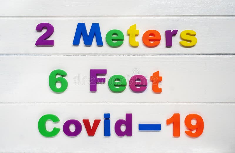 2 meters 6 feet Covid-19 Sign & Symbol, plastic letter on white wood background