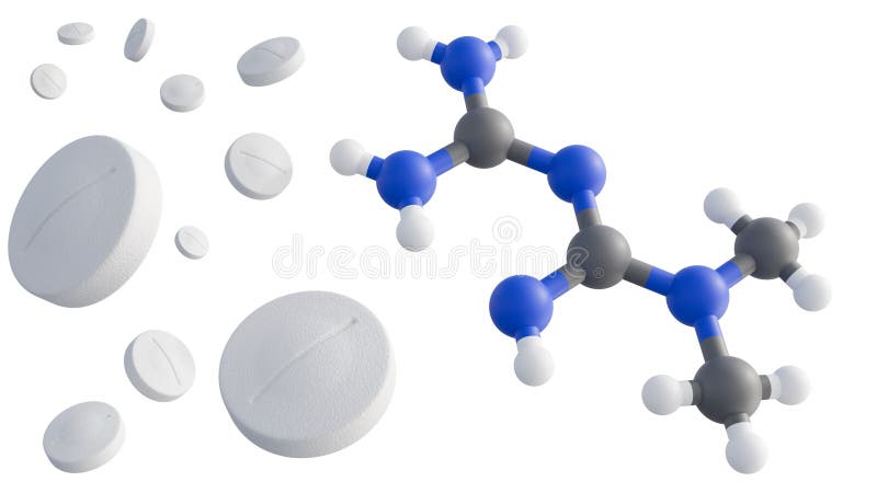 Metformin, physical form as pills and its molecular structure. royalty free illustration