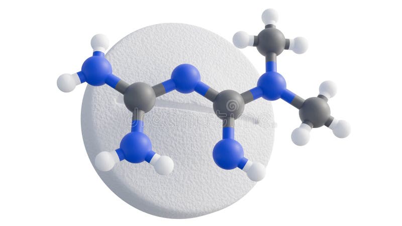 Metformin, physical form as pills and its molecular structure. royalty free illustration