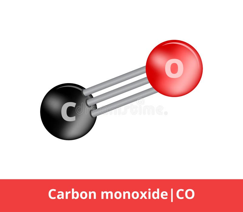 Illustration of the organic formula of carbon monoxide, toxic, and colorless gaseous chemical element. Icon of CO whose molecule consists of oxygen and carbon atoms. The molecule is suitable for education or science and is isolated on a white background. Structural formula with one triple bond. Carbonous acid vectors