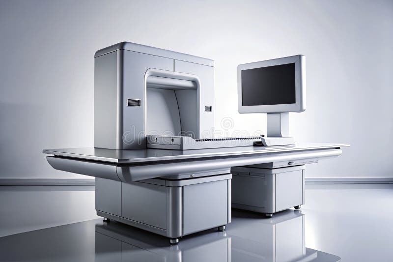 Streamlined Productivity A Minimalist Tech Setup Featuring a Scanner Monitor and Advanced Machine for a Modern Office vector illustration