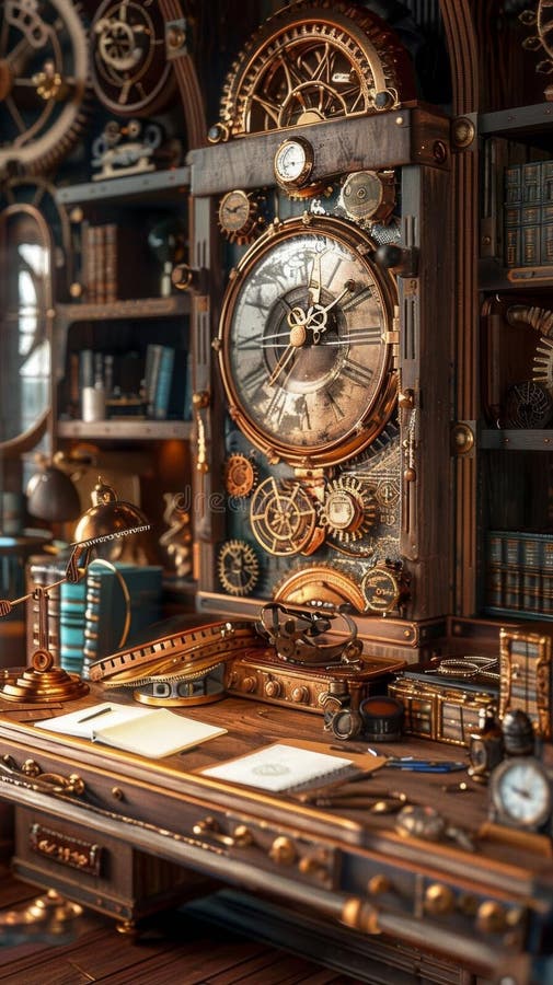 A meticulously crafted steampunk workspace features a grand clockwork desk with intricate details and a large clock, all royalty free illustration