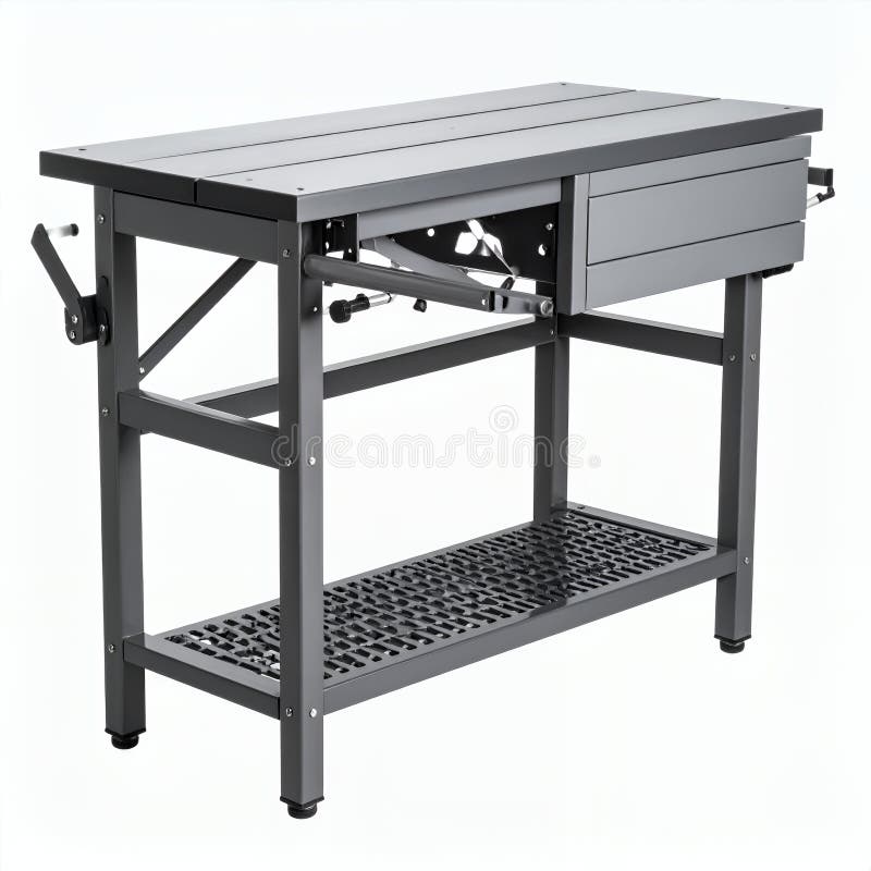 Durable metallic workbench with adjustable features, providing a practical workspace on white background. A meticulously designed metallic workbench, showcasing adjustable features for optimal utility. Ideal for workshops, garages, or production facilities, the workbench provides a sturdy surface for various tasks, from engineering projects to simple repairs. Its robust construction promises longevity and adaptability in any industrial setting. AI Generated