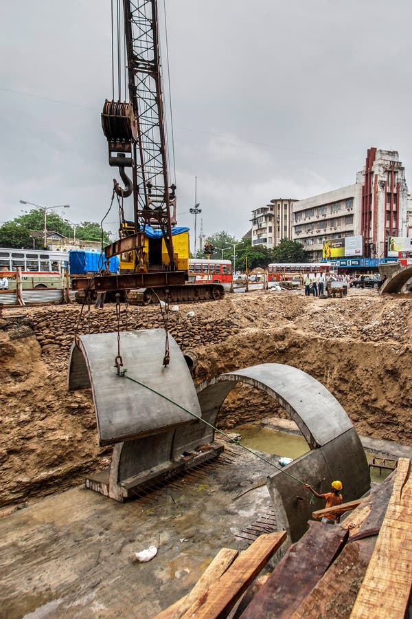 Curved precast concrete slab subway under construction near metro cinema dhobitalao- royalty free stock photo