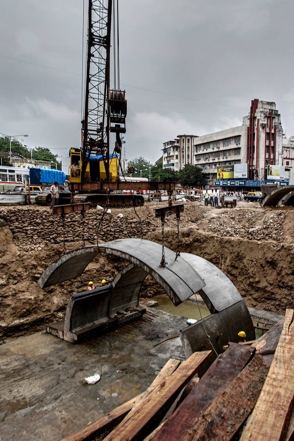 Curved precast concrete slab subway under construction near metro cinema dhobitalao- royalty free stock photo