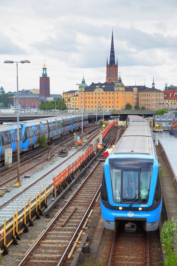 Stockholm, Sweden - July 25, 2017: Metro trains near Slussen station in Stockholm. Stockholm, Sweden - July 25, 2017: Metro trains near Slussen station in Stockholm