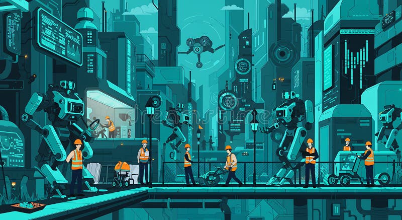 Metropolia Futurystyczna : Harmonijna mieszanka ludzkiej intymności i pomocy robotycznej zdjęcie stock