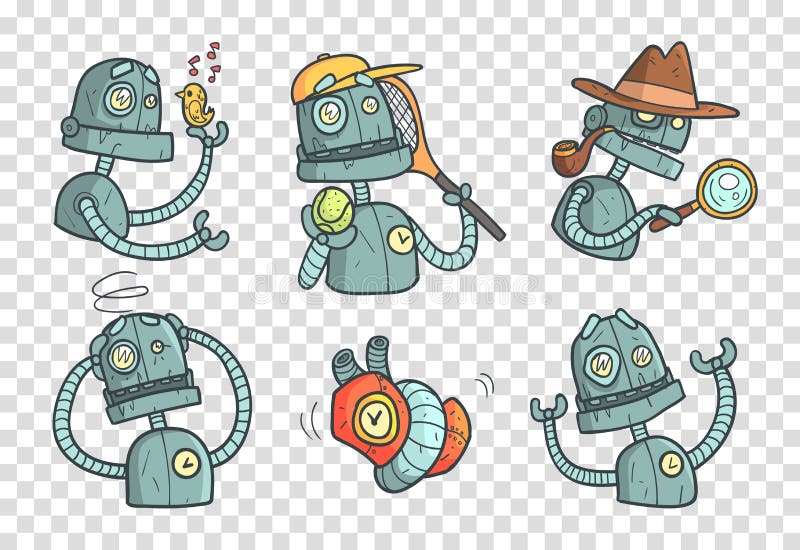 Metta con il robot del metallo con differenti emozioni Androide meccanico del fumetto nello stile del profilo con il materiale di illustrazione di stock Metta con il robot del metallo con differenti emozioni Androide meccanico del fumetto nello stile del profilo con il materiale di illustrazione di stock