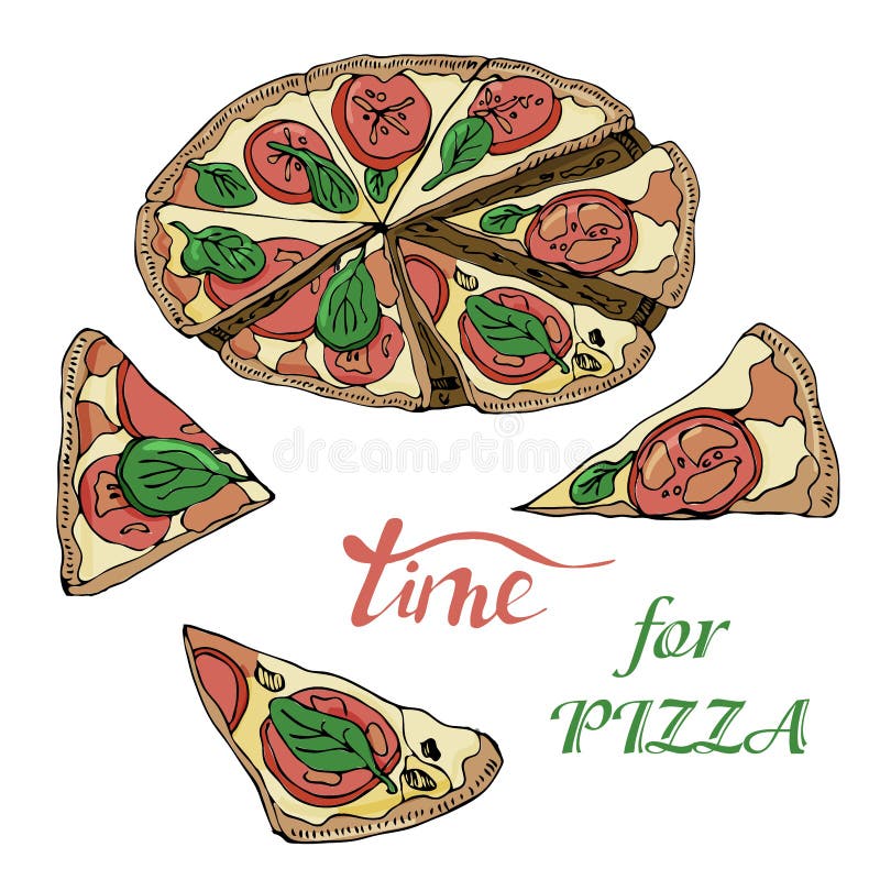 Metta con intera e pizza affettata Inchiostro disegnato a mano e schizzo colorato Perfezioni per gli opuscoli, le carte, i manife illustrazione di stock Metta con intera e pizza affettata Inchiostro disegnato a mano e schizzo colorato Perfezioni per gli opuscoli, le carte, i manife illustrazione di stock