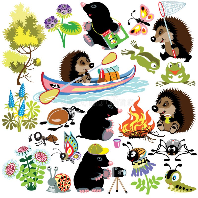 Metta con la talpa e l'istrice nel campeggio illustrazione di stock Metta con la talpa e l'istrice nel campeggio illustrazione di stock