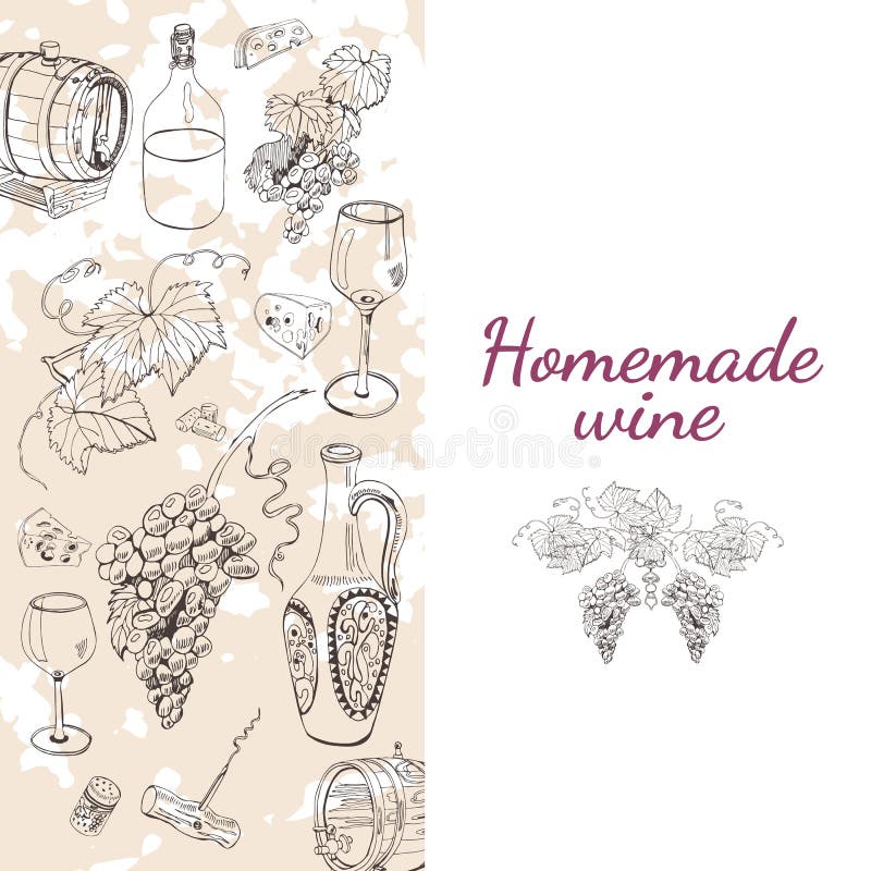 Metta degli elementi del prodotto vinicolo Oggetti disegnati a mano di schizzo nel retro stile royalty illustrazione gratis Metta degli elementi del prodotto vinicolo Oggetti disegnati a mano di schizzo nel retro stile royalty illustrazione gratis