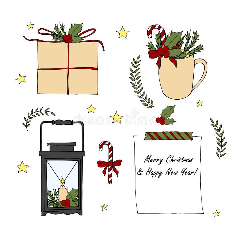 Metta degli elementi disegnati a mano di Buon Natale e del buon anno del fumetto Lanterna di scarabocchio di vettore, scatola di illustrazione di stock Metta degli elementi disegnati a mano di Buon Natale e del buon anno del fumetto Lanterna di scarabocchio di vettore, scatola di illustrazione di stock