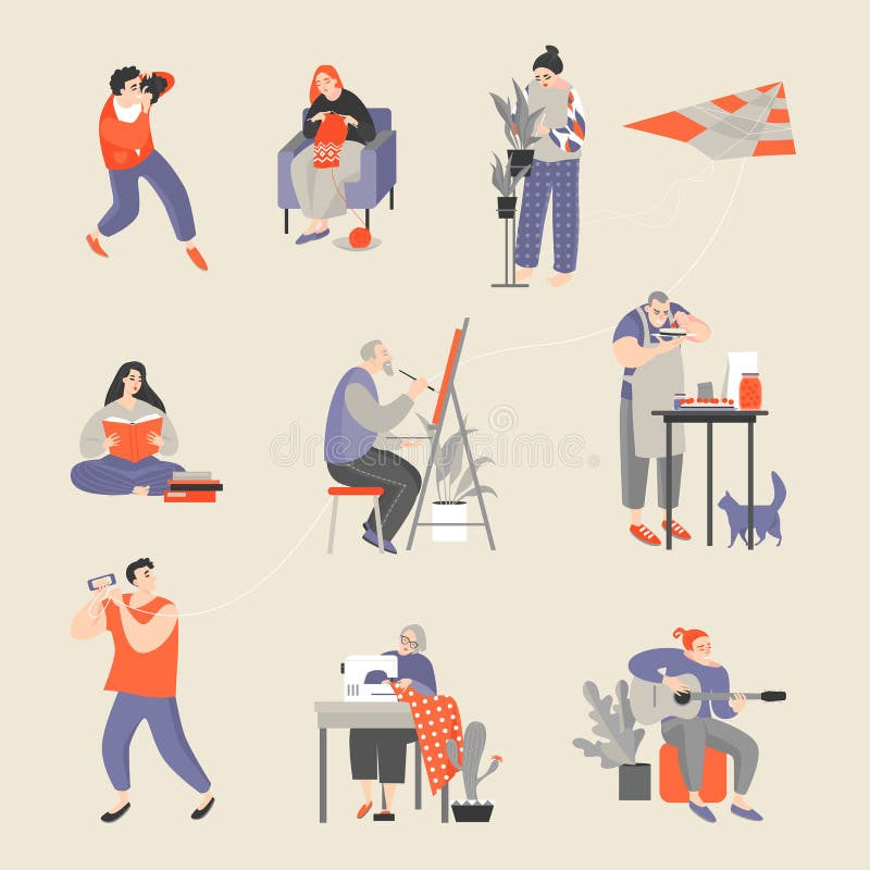 Metta dei caratteri impegnati nei loro hobby Uomini e donne che prendono le immagini, tricottare, floricoltura, lettura, pittura, illustrazione vettoriale Metta dei caratteri impegnati nei loro hobby Uomini e donne che prendono le immagini, tricottare, floricoltura, lettura, pittura, illustrazione vettoriale