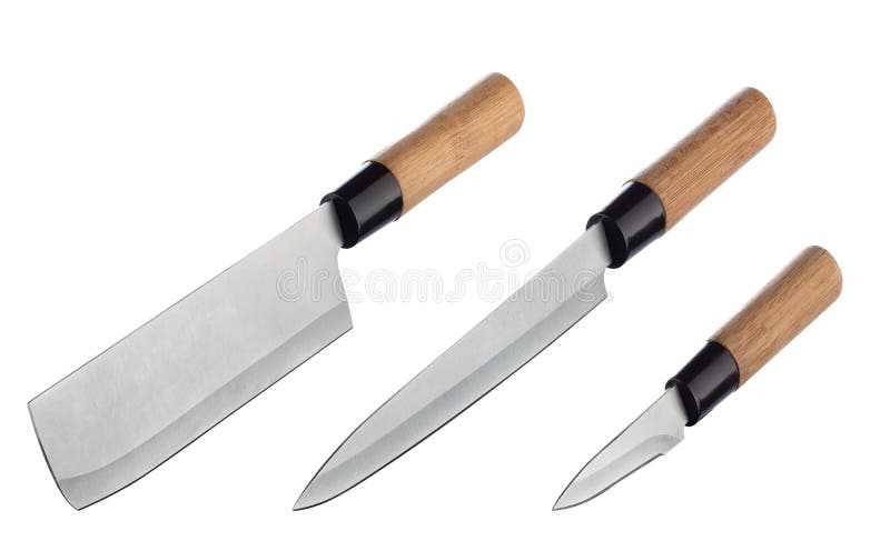 Metta dei coltelli da cucina d'acciaio giapponesi con le maniglie di bambù isolate su fondo bianco Coltello del ` s del cuoco uni fotografia stock Metta dei coltelli da cucina d'acciaio giapponesi con le maniglie di bambù isolate su fondo bianco Coltello del ` s del cuoco uni fotografia stock