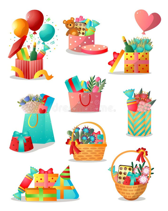 Metta dei contenitori o del canestro di regalo variopinti differenti per le feste illustrazione vettoriale Metta dei contenitori o del canestro di regalo variopinti differenti per le feste illustrazione vettoriale