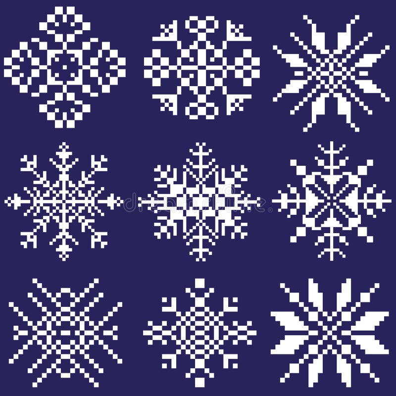 Metta dei fiocchi di neve bianchi delle forme differenti su un fondo blu disegnato dai quadrati, pixel Un elemento dell'ornamento illustrazione di stock Metta dei fiocchi di neve bianchi delle forme differenti su un fondo blu disegnato dai quadrati, pixel Un elemento dell'ornamento illustrazione di stock