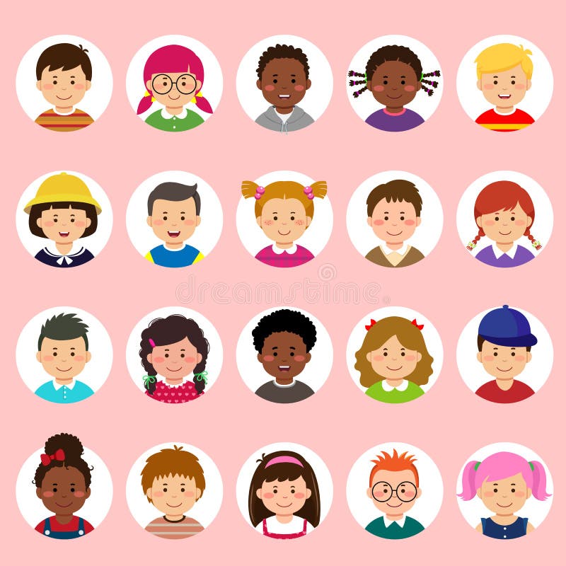 Metta dei fronti dei bambini, gli avatar, nazionalità differente delle teste dei bambini nello stile piano