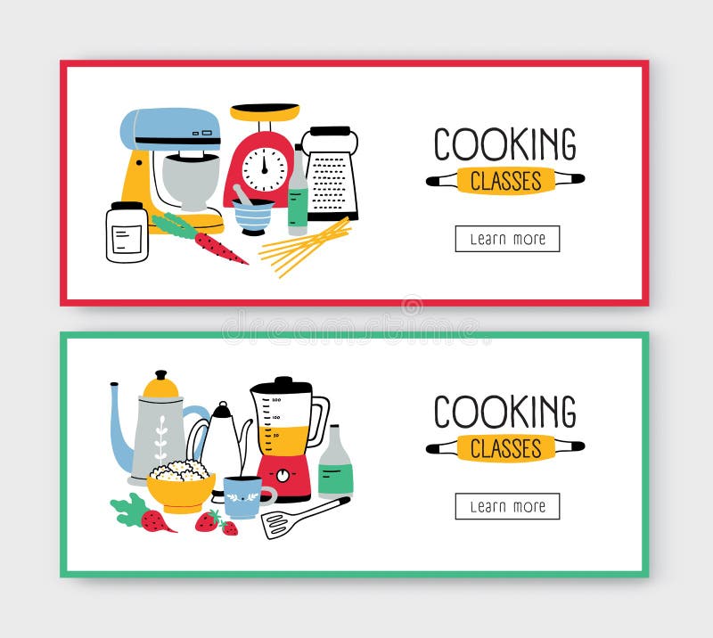 Metta dei modelli dell'insegna di web con gli utensili della cucina, gli strumenti per la preparazione di alimento ed il posto pe illustrazione di stock
