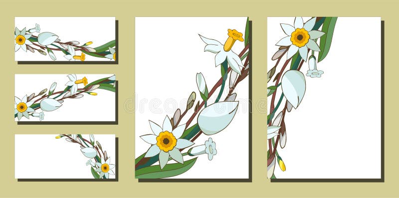Metta dei modelli floreali della molla con i mazzi di narcisi e di salice bianchi Biglietto da visita con il narciso ed il salix illustrazione di stock Metta dei modelli floreali della molla con i mazzi di narcisi e di salice bianchi Biglietto da visita con il narciso ed il salix illustrazione di stock