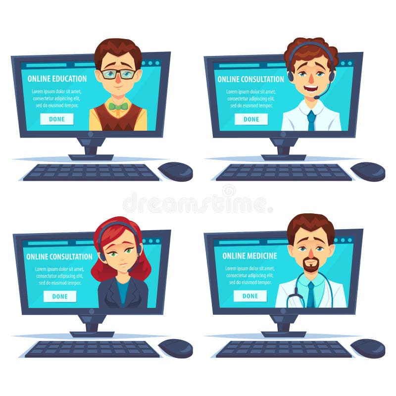 Metta dei ritratti del supporto sorridente felice del mancustomer della donna, l'insegnante, computer portatile di sguardo dell'o illustrazione di stock Metta dei ritratti del supporto sorridente felice del mancustomer della donna, l'insegnante, computer portatile di sguardo dell'o illustrazione di stock