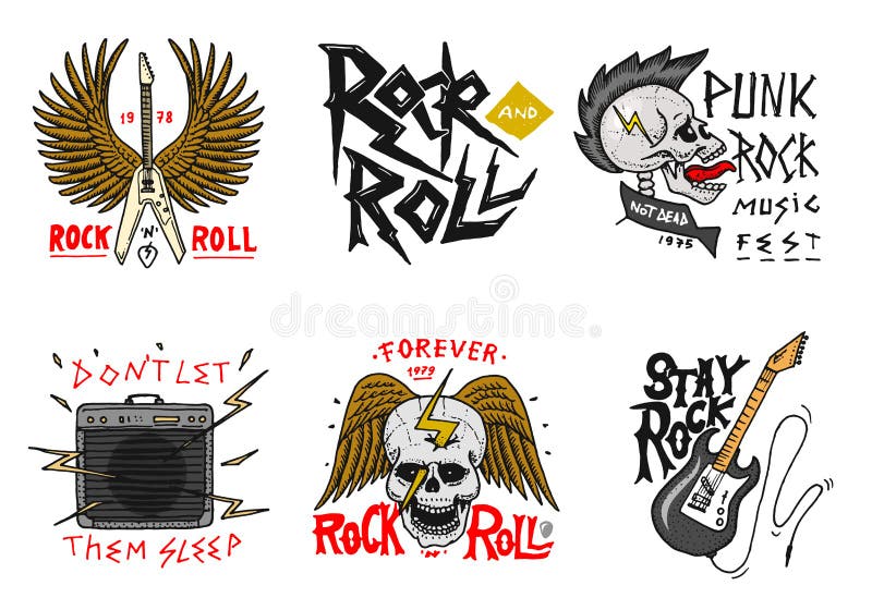 Metta dei simboli musicali di rock-and-roll con la chitarra, le ali ed il cranio etichette, logos Modelli di metalli pesanti per