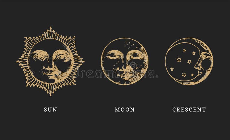 Metta del Sun, della luna e della mezzaluna, disegnati a mano nell'incisione dello stile Illustrazioni del grafico di vettore ret royalty illustrazione gratis