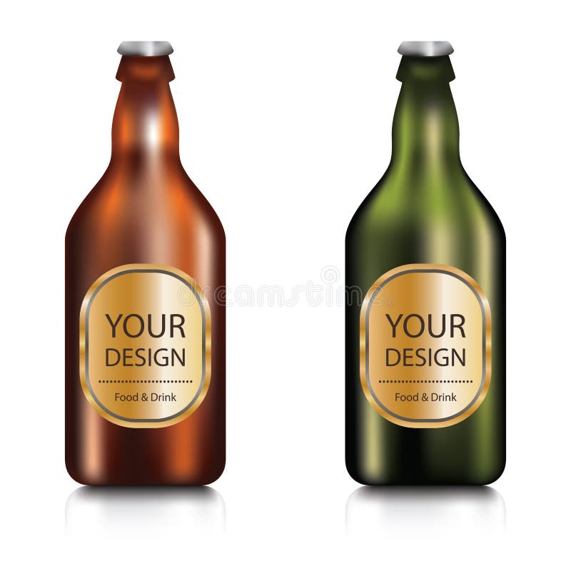 Metta della bottiglia di birra di vetro in bianco verde e marrone realistica con le etichette illustrazione di stock Metta della bottiglia di birra di vetro in bianco verde e marrone realistica con le etichette illustrazione di stock