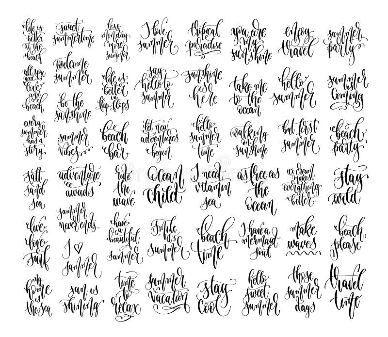 Set of 50 hand lettering inscriptions text to summer holiday design, calligraphy vector illustration collection. Set of 50 hand lettering inscriptions text to summer holiday design, calligraphy vector illustration collection