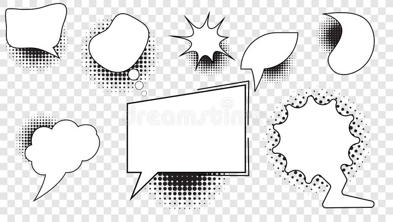 Metta delle bolle comiche con un fondo in bianco nel mezzo per testo e gli elementi con i semitoni illustrazione vettoriale Metta delle bolle comiche con un fondo in bianco nel mezzo per testo e gli elementi con i semitoni illustrazione vettoriale