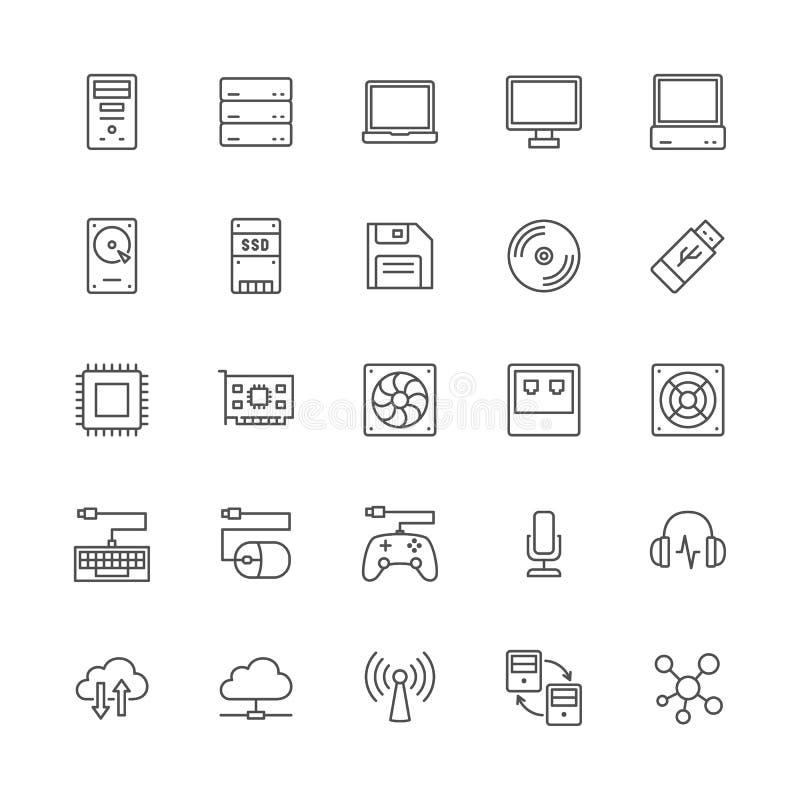 Metta delle componenti di computer allineano le icone Unit? di sistema, console, server e pi? illustrazione di stock Metta delle componenti di computer allineano le icone Unit? di sistema, console, server e pi? illustrazione di stock