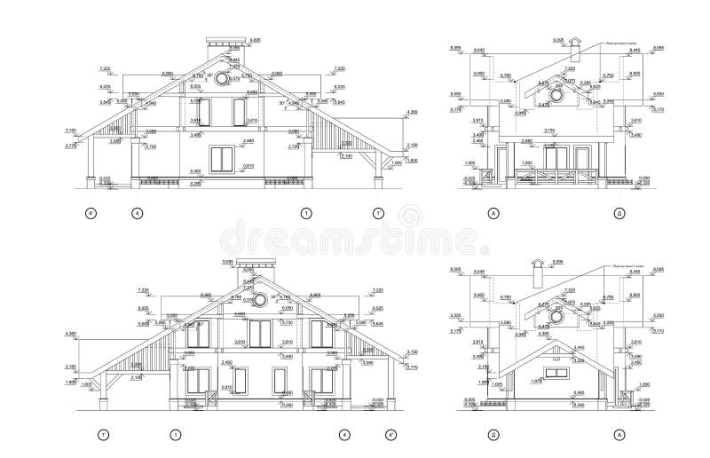 Metta delle facciate private della casa, il disegno tecnico architettonico dettagliato, modello di vettore illustrazione di stock Metta delle facciate private della casa, il disegno tecnico architettonico dettagliato, modello di vettore illustrazione di stock