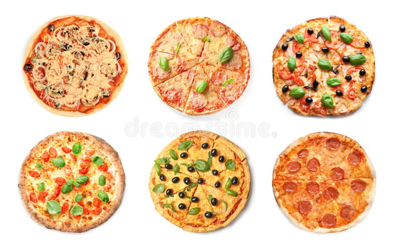 Metta delle pizze italiane saporite su fondo bianco immagini stock Metta delle pizze italiane saporite su fondo bianco immagini stock