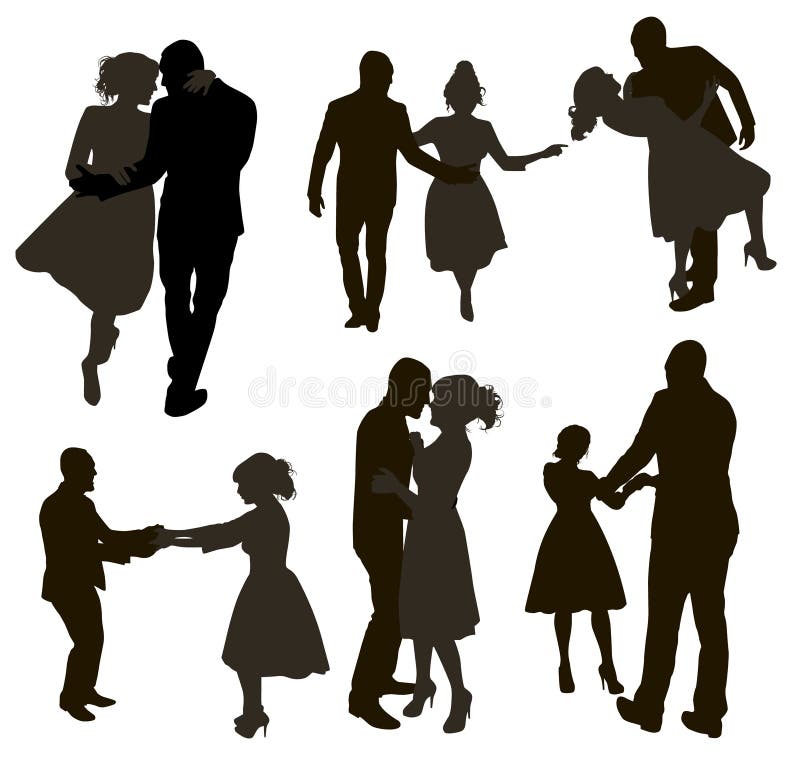 Metta delle siluette ballanti differenti della gente Coppie di ballo nelle pose differenti illustrazione vettoriale Metta delle siluette ballanti differenti della gente Coppie di ballo nelle pose differenti illustrazione vettoriale